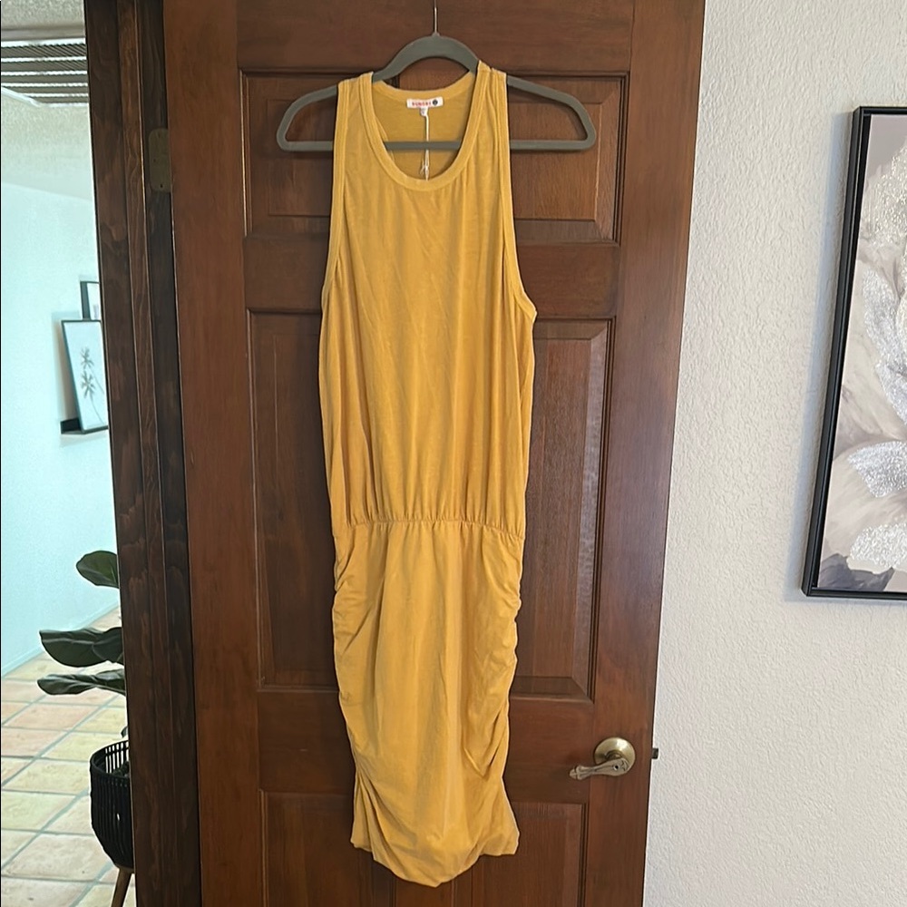 Sundry Yellow Ruched Halter Midi Sundress NWT